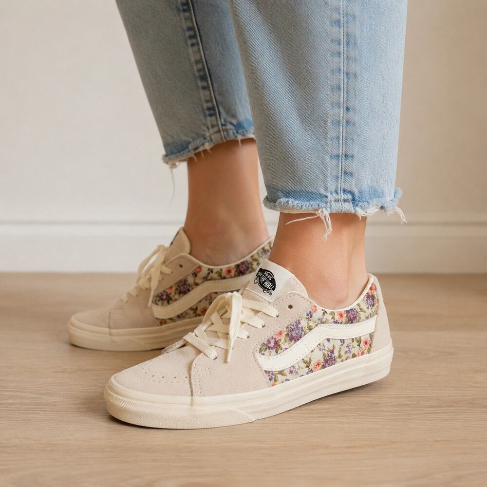 Vans Sk8-Low Floral Canvas Suede Sneakers Women's 6 Cream Garden Print